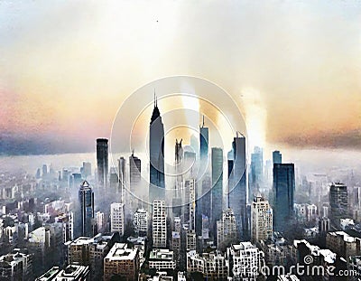 Watercolor of City smog pollution Stock Photo