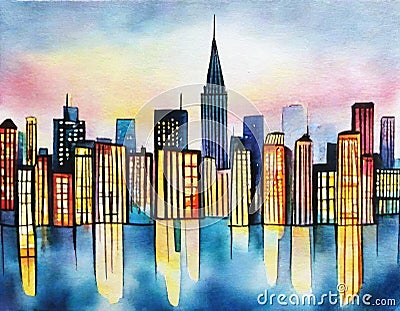 Watercolor of city underwater home house Stock Photo