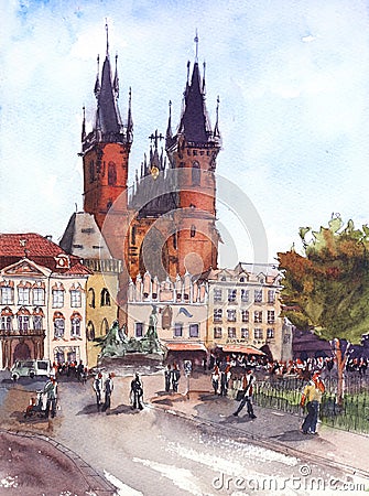 Watercolor Classic church in old town square near prague astronomical clock of prague, czech republic Stock Photo