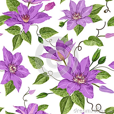 Watercolor Clematis Flowers. Floral Tropical Seamless Pattern for Wallpaper, Print, Fabric, Textile. Summer Background Vector Illustration