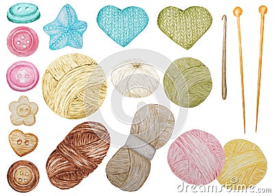 Watercolor Clip Art Hobby Knitting and Crocheting , Wool Yarn, Bottons Cute Clipart Set. Collection of hand drawn balls Stock Photo