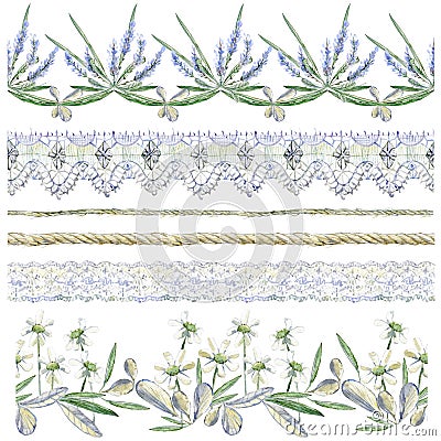 Watercolor clipart collection of seamless borders. Flower compos Stock Photo