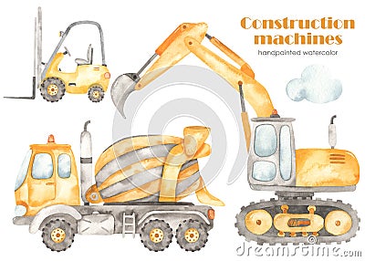 Watercolor clipart with construction machines with excavator, forklift, concrete mixer truck, concrete truck Stock Photo