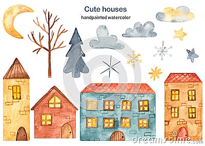 Watercolor clipart cute cartoon multi-story houses, tree, spruce, clouds, crescent, stars, snowflakes Stock Photo