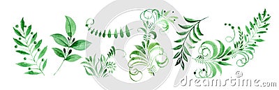 Watercolor clipart folk leaf patterns, Khokhloma Russian pattern. Stock Photo