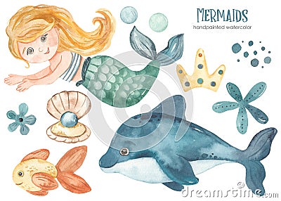 Watercolor clipart with mermaid girl swimming on a dolphin, shell, fish, crown Stock Photo