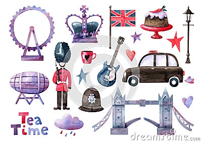 Watercolor clipart set with traditional London symbols Cartoon Illustration