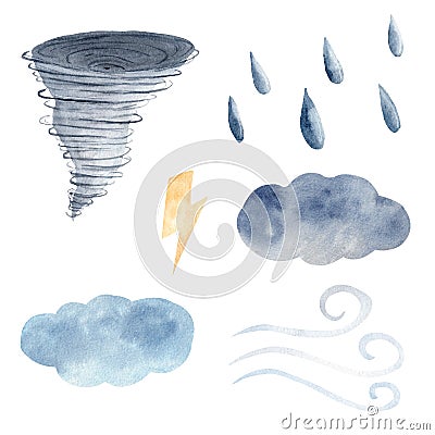 Watercolor clipart set with weather elements. Tornato, cloud, wind, lighting bolt, raindrops painting. Stock Photo