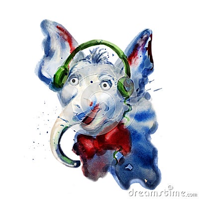 Watercolor close up portrait of elephant in headphones Cartoon Illustration