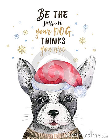 Watercolor closeup merry christmas portrait of cute dog. Isolated on white background. Hand drawn sweet home new year Stock Photo