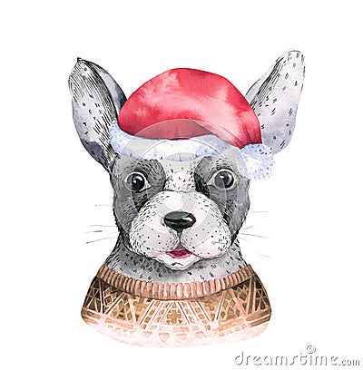 Watercolor closeup merry christmas portrait of cute dog. Isolated on white background. Hand drawn sweet home new year Stock Photo