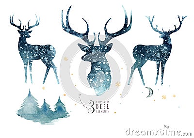 Watercolor closeup portrait of blue deer. Isolated on white background. Hand drawn christmas indigo illustration Cartoon Illustration