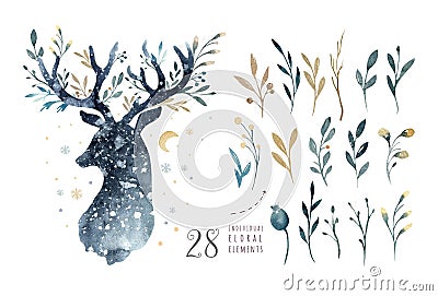 Watercolor closeup portrait of cute deer. Isolated on white background. Hand drawn christmas illustration. Greeting card Cartoon Illustration