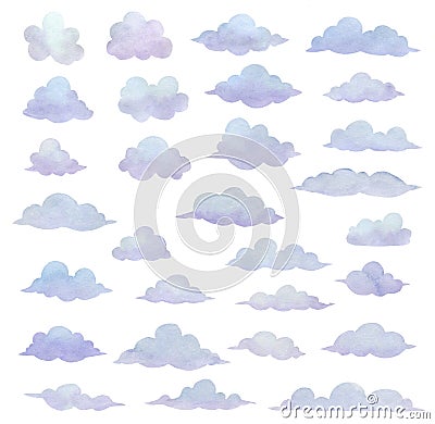 Watercolor clouds isolated on white, various shapes Stock Photo