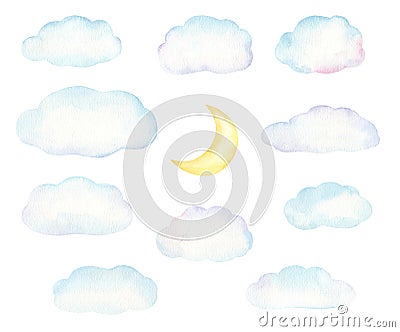 Watercolor Clouds and Moon Cartoon Illustration
