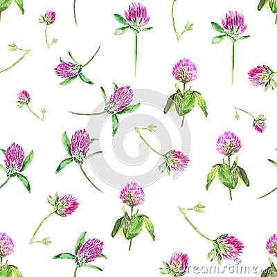 Watercolor clover isolated on white. Gentle seamless pattern with blooming pink clover. Cute botanical wallpaper in Stock Photo