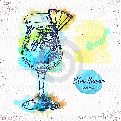 Watercolor cocktail blue hawaii sketch. Vector Illustration