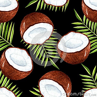 Watercolor coconut and tropical leaves seamless pattern on black background Stock Photo