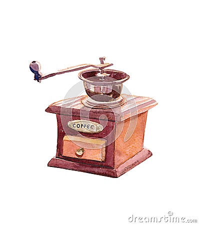 Watercolor red and brown vintage retro coffee grinder. Stock Photo