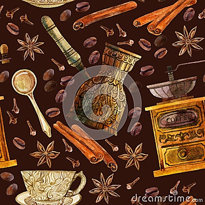 Watercolor coffee seamless pattern Stock Photo