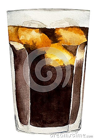 Watercolor Cola glass with ice cubes isolated on white Cartoon Illustration