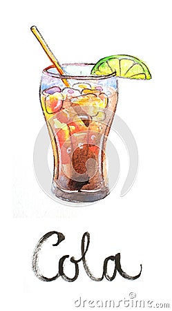 Watercolor cola with lime and tubule Stock Photo