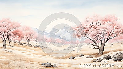 Watercolor Cold: Red Blossom Trees In A Wild Valley Stock Photo Stock Photo