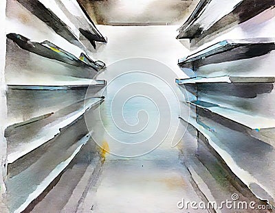 Watercolor of Cold storage room metal shelves racks for frozen Air conditioning on Selective storage in Stock Photo