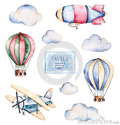 Watercolor collection with air balloons, clouds,airship and the plane in pastel colours. Stock Photo