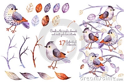 Watercolor collection with birds Stock Photo