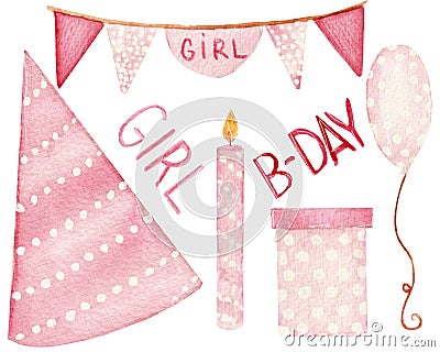 Watercolor collection, birthday elements, garland, hat, candle, balloon, text and gift, isolated on a white background. Stock Photo