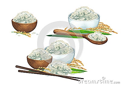 Watercolor collection of bowls of rice decorated with cereals and wooden sticks. Cartoon Illustration