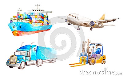 Watercolor collection of cargo transport and logistic vehicle. Container ship, cargo plane, classic American truck Stock Photo