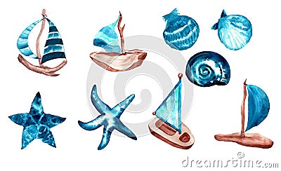 Watercolor collection of cartoon sailboats and seashells Stock Photo