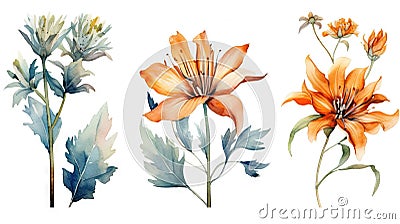 Watercolor Collection of Cyprus Flowers on a Clean White Background . Stock Photo