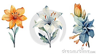 Watercolor Collection of Cyprus Flowers on a Clean White Background with Sharp Lines . Stock Photo