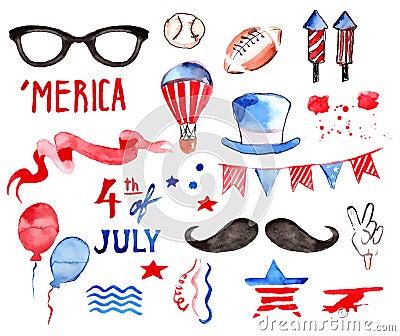 Watercolor Collection of Fourth of July Items Stock Photo