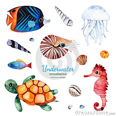 Watercolor collection with multicolored coral fish Stock Photo