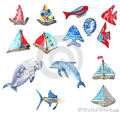 watercolor collection of nautical design elements Stock Photo