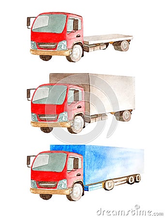 Watercolor a collection of trucks with a red cabin, but different open and closed bodies on a white background Stock Photo