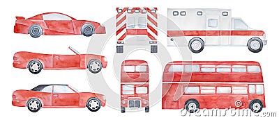 Watercolor collection of various City Cars: modern cabriolet without roof, sport race car, bright red double-decker bus, white amb Stock Photo