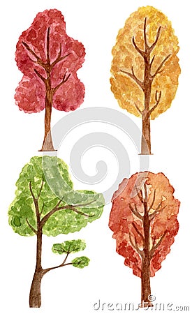 Watercolor collection of various colorful tree, isolated on white background for autumn products. Stock Photo