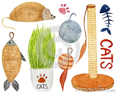 Watercolor set, pets toys, grass in pot, scratching post isolated on white background. For various products, cards etc. Stock Photo