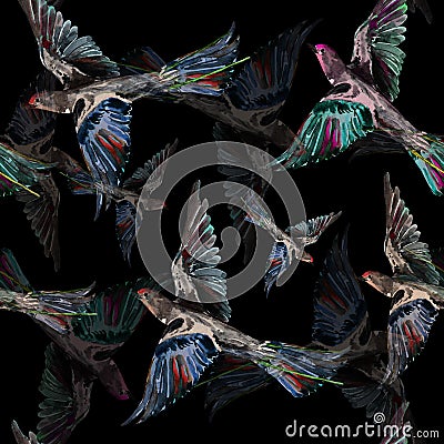 Watercolor colored birds on black background. Seamless pattern. Stock Photo