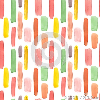 Watercolor colorful abstract seamless pattern with stripes and lines. Red, pink, orange, green colored smears of watercolor paint Stock Photo