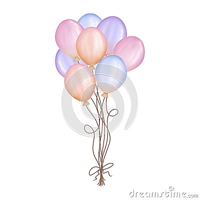 Watercolor colorful balloon bunches. Pastel pink,peach,purple,orange and blue balloons illustration isolated on white background. Cartoon Illustration