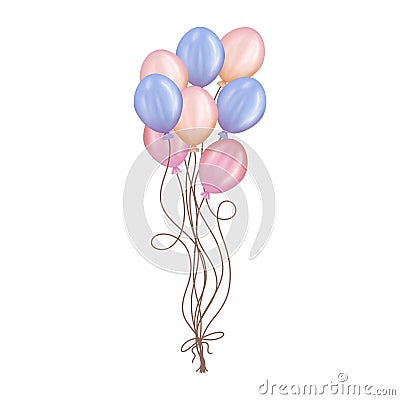 Watercolor colorful balloon bunches. Purple,peach,blue,orange and beige balloons illustration isolated on white background. Cartoon Illustration