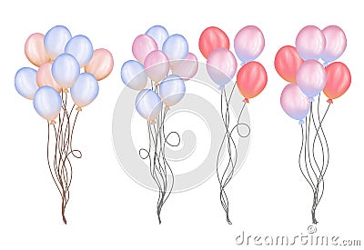 Watercolor colorful balloon bunches. Set of colorful balloons illustration isolated on white background. Birthday party,wedding. Cartoon Illustration