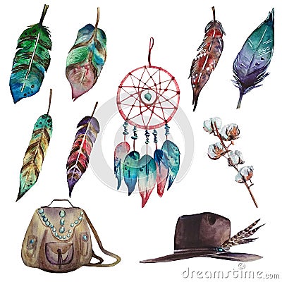 Watercolor colorful boho set of dream catcher, feathers, cotton branch, bag and hat Stock Photo