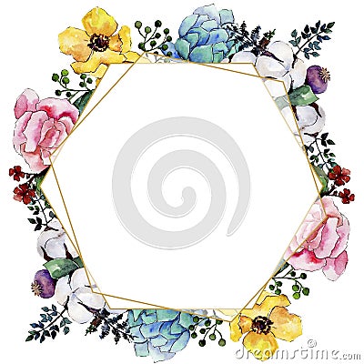 Watercolor colorful bouquet flower. Floral botanical flower. Frame border ornament square. Stock Photo